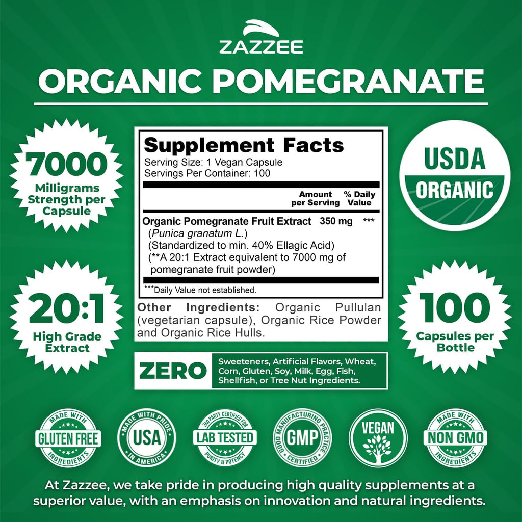 Zazzee USDA Organic Pomegranate 20:1 Extract, 7000 mg Strength, 40% Ellagic Acid, 100 Vegan Capsules, 3+ Month Supply, Standardized 20X Extract, Immune Support, All-Natural, Non-GMO, Made in The USA
