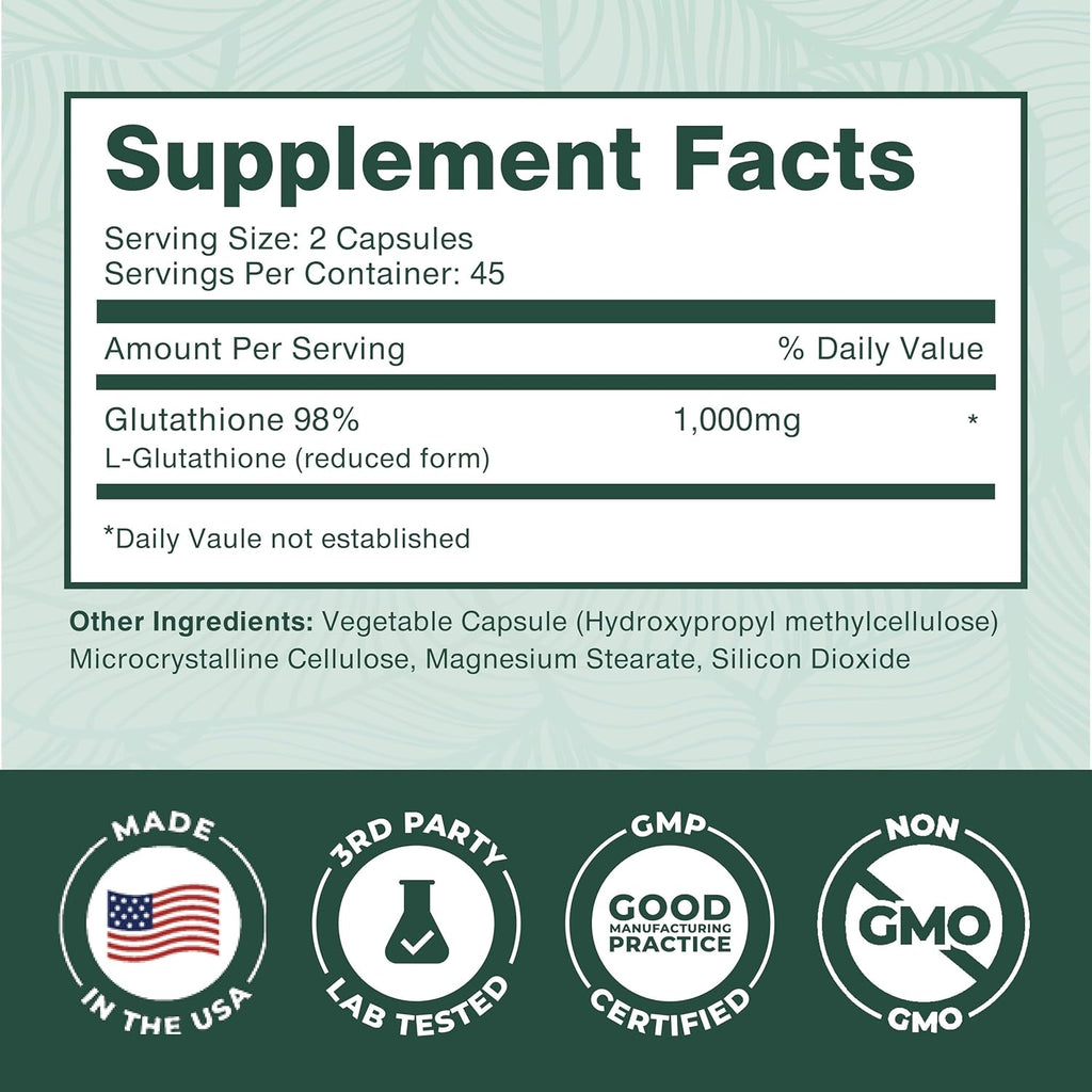 PurePremium Reduced Glutathione 1000mg Per Serving - 500mg Per Capsule – L-Glutathione Supplement & Antioxidant Support for Normal Liver, Brain, Skin & Heart Health – 90 Capsules