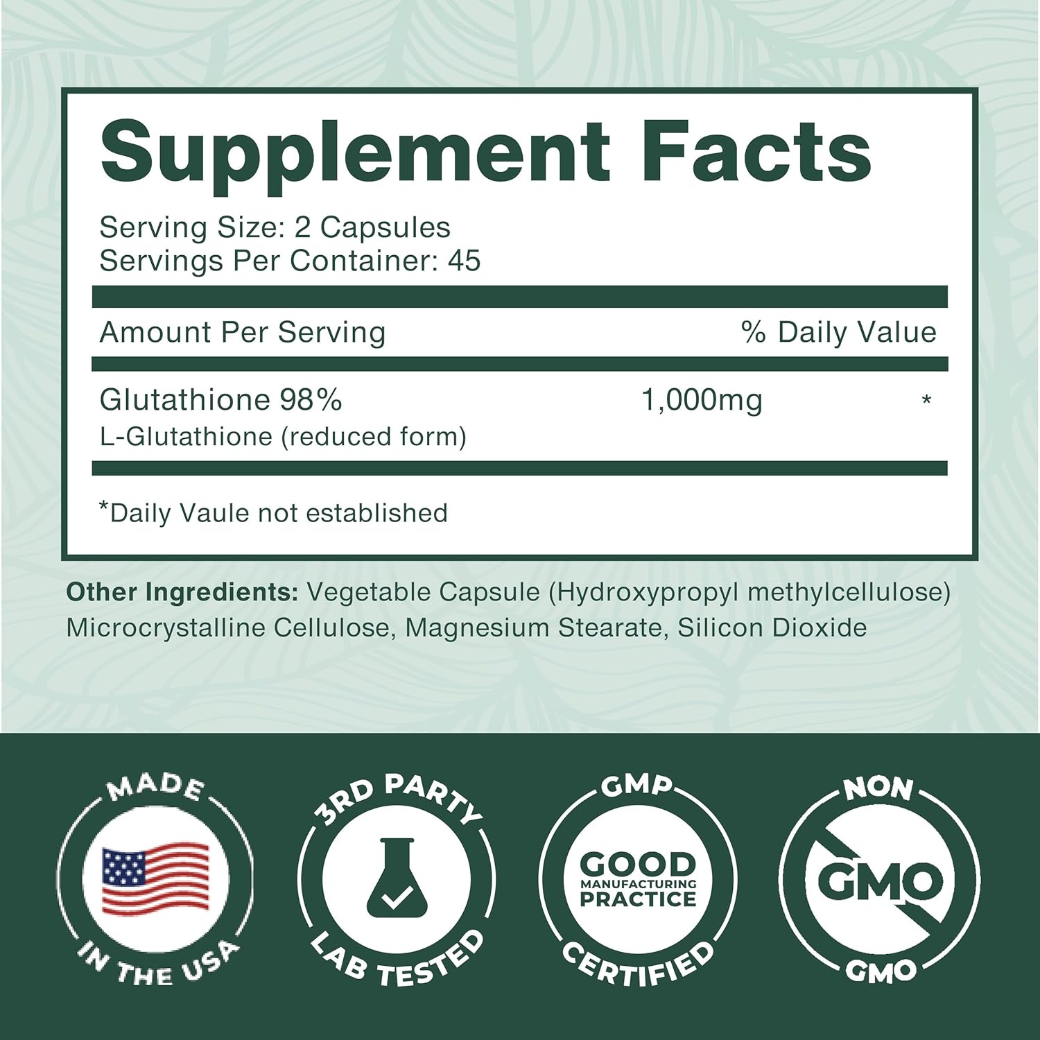 PurePremium Reduced Glutathione 1000mg Per Serving - 500mg Per Capsule – L-Glutathione Supplement & Antioxidant Support for Normal Liver, Brain, Skin & Heart Health – 90 Capsules