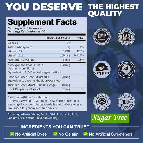 (2 Packs) Sugar Free Ashwagandha Filled Gummies w/Vitamin D3, Magnesium Glycinate, Rhodiola, Ultra Strength Ashwa Root Supplements for Women & Wen, for Relaxation, Energy, Cortisol Gummies