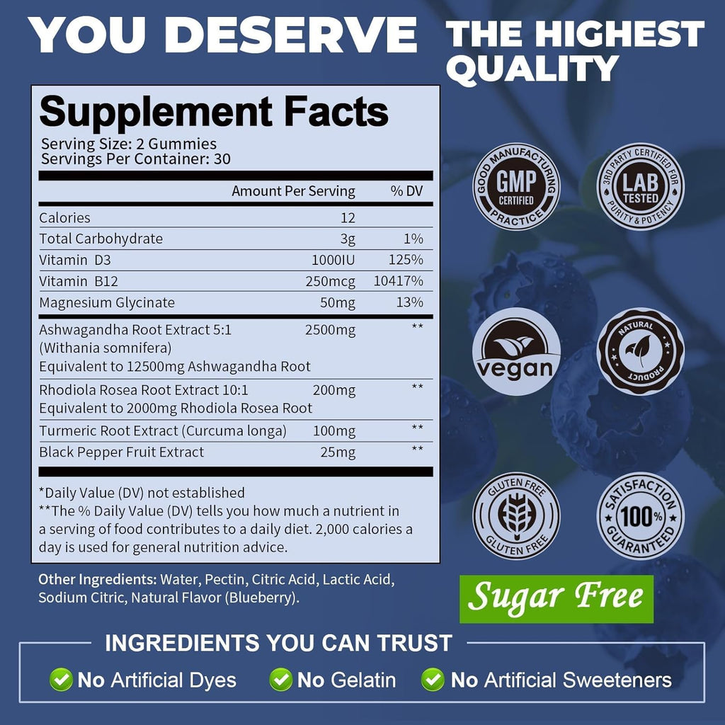 Totaria Sugar Free Ashwagandha Filled Gummies 2500mg w/Vitamin D3, Magnesium Glycinate, Rhodiola, Ultra Strength Ashwa Root Supplements for Women & Wen, for Relaxation, Energy, Blueberry Flavor