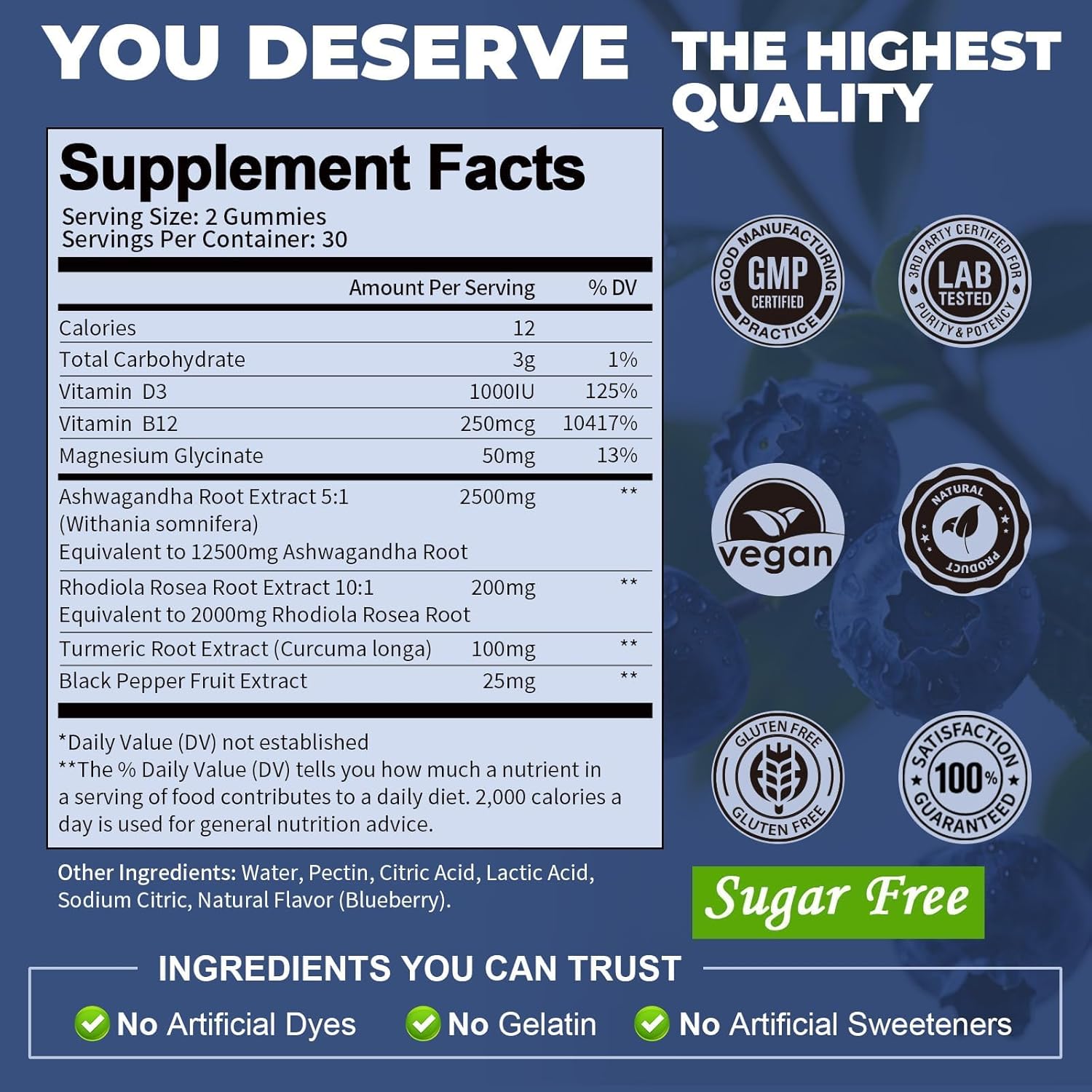 Totaria Sugar Free Ashwagandha Filled Gummies 2500mg w/Vitamin D3, Magnesium Glycinate, Rhodiola, Ultra Strength Ashwa Root Supplements for Women & Wen, for Relaxation, Energy, Blueberry Flavor