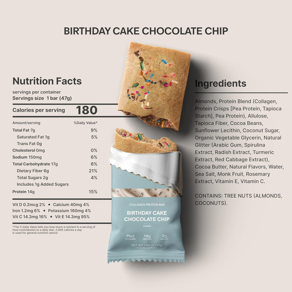 Stars + Honey Protein Bars - Birthday Cake Chocolate Chip, 15g Protein, 2g Sugar, w/Collagen Keto Friendly Snack - Gluten, Dairy, Seed Oil, & Soy Free - High-Protein Snacks for Energy - 10 pack