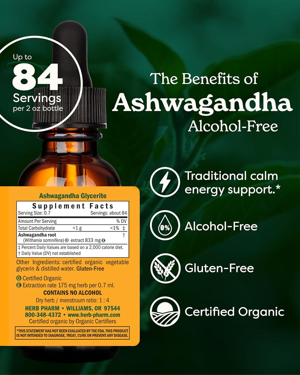 Herb Pharm Certified Organic Ashwagandha Extract Drops for Traditional Support for Energy and Vitality, Alcohol-Free Glycerite, 2 Oz
