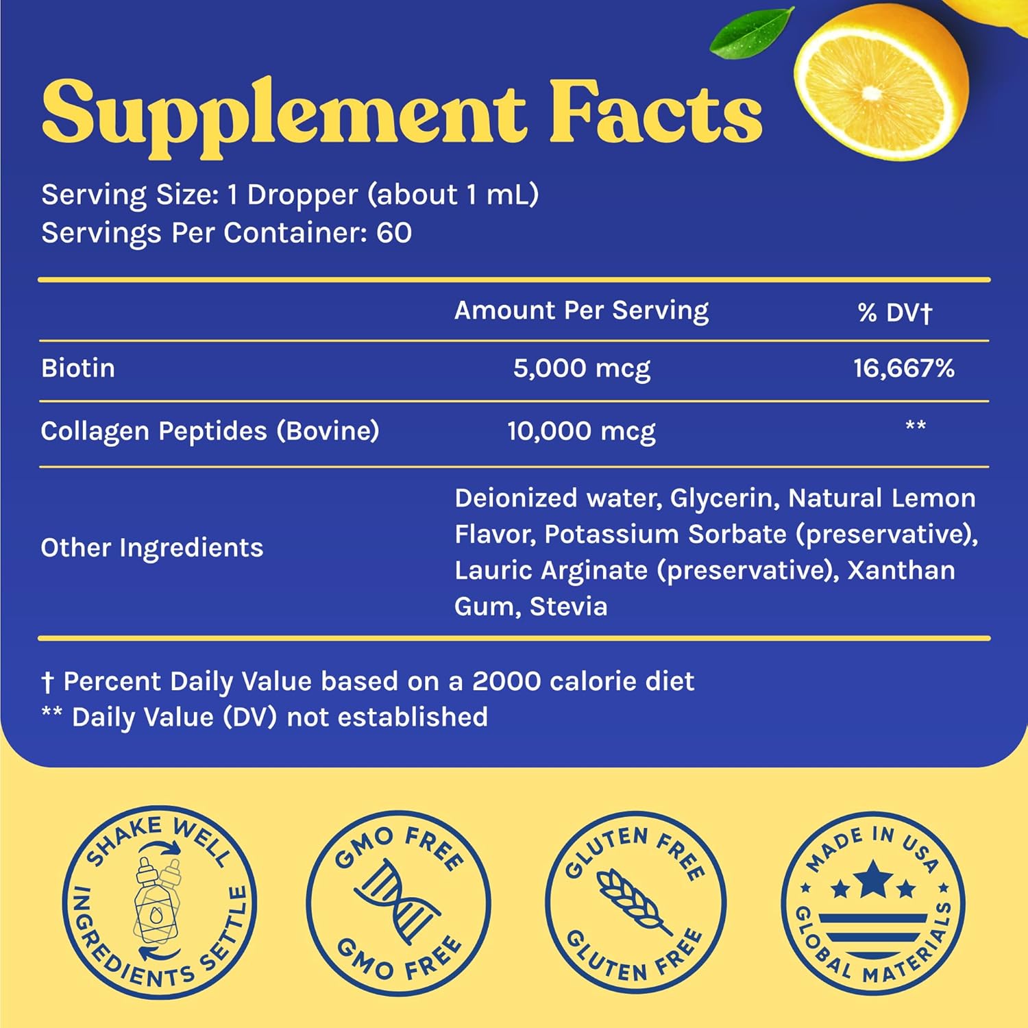 WINDSOR BOTANICALS Liquid Collagen for Women and Men - Hair, Skin, Nails Vitamins - Lemon Flavor Collagen Peptides Hair Growth Drink - 5,000mcg Biotin, 10,000mcg - US Made - 2x2oz