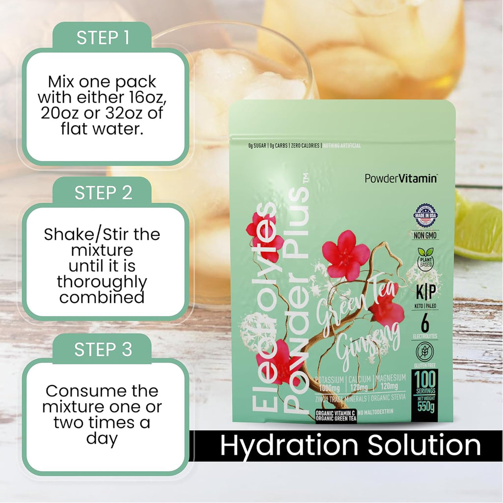 PowderVitamin Electrolytes Powder Plus (100 Servings) Green Tea Ginseng Electrolyte Powder Keto, Sugar Free, Pink Himalayan Salt,1000mg Potassium,150mg Calcium,150mg Magnesium, Hydration Powder