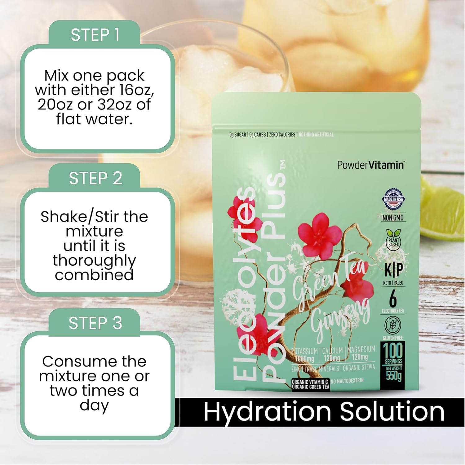 PowderVitamin Electrolytes Powder Plus (100 Servings) Green Tea Ginseng Electrolyte Powder Keto, Sugar Free, Pink Himalayan Salt,1000mg Potassium,150mg Calcium,150mg Magnesium, Hydration Powder