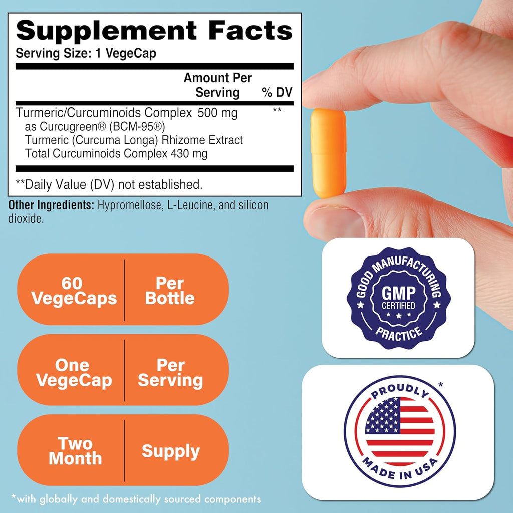 Health Thru Nutrition Turmeric Curcumin Complex 500mg Supplement | as BCM-95 Curcugreen Clinically Studied | Vegan Certified (Pack of 60)