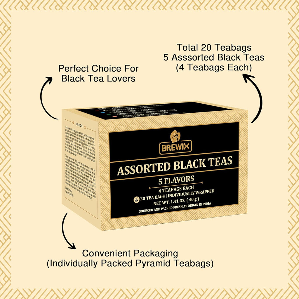 BREWIX Premium Assorted Black Tea Sampler Gift Box with 5 Flavors (20 Pyramid Indivdidually Wrapperd Tea Bags) | Tea Gift Set & Variety Pack | Gifts for Women & Men, Tea Set