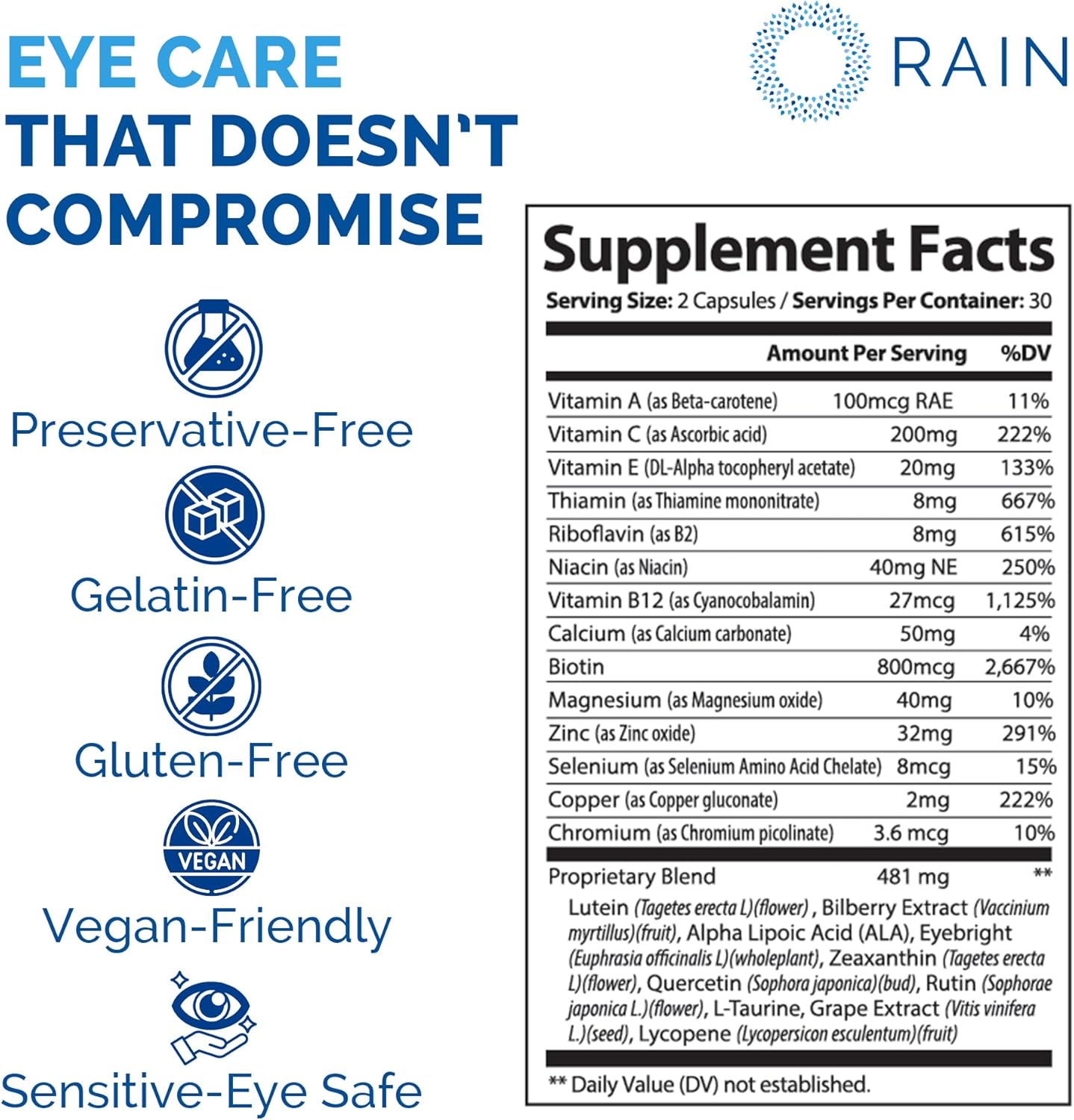 Rain Eye Vitamins & Vision Supplements for Adults – Eye Comfort and Vision Support – Lutein and Zeaxanthin Eye Supplements for Macular Health – 60 Veggie Capsules