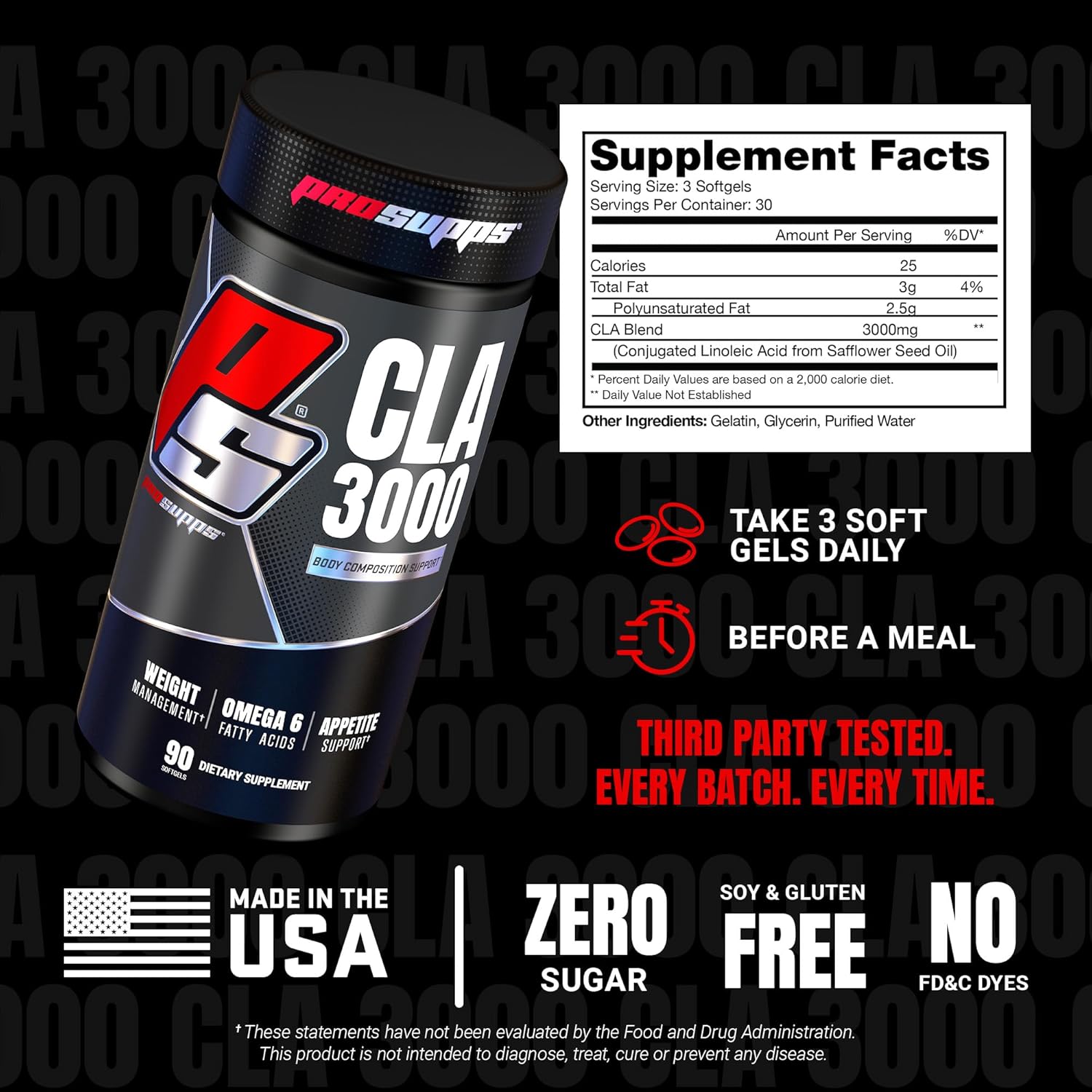PROSUPPS CLA 3000 Lean Body Composition Support - Stim-Free Conjugated Linoleic Acid Workout Supplement for Weight Management & Appetite Support with Omega 6 Fatty Acid - Gym & Fitness - 90 Softgels