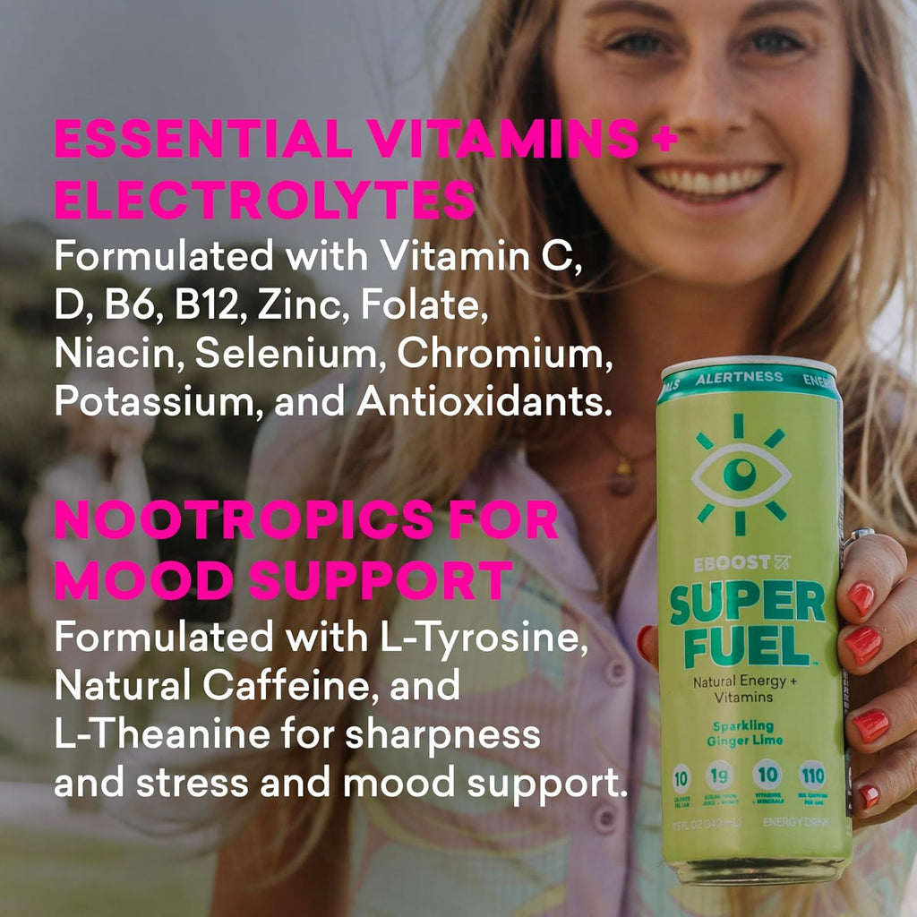 EBOOST Super Fuel Healthy Energy Drink - Caffeine from Natural & Clean Ingredients For Focus and Productivity -Taurine Free Pre-Workout With Electrolytes, Nootropic & Vitamins- Blue Raspberry 12 Pack