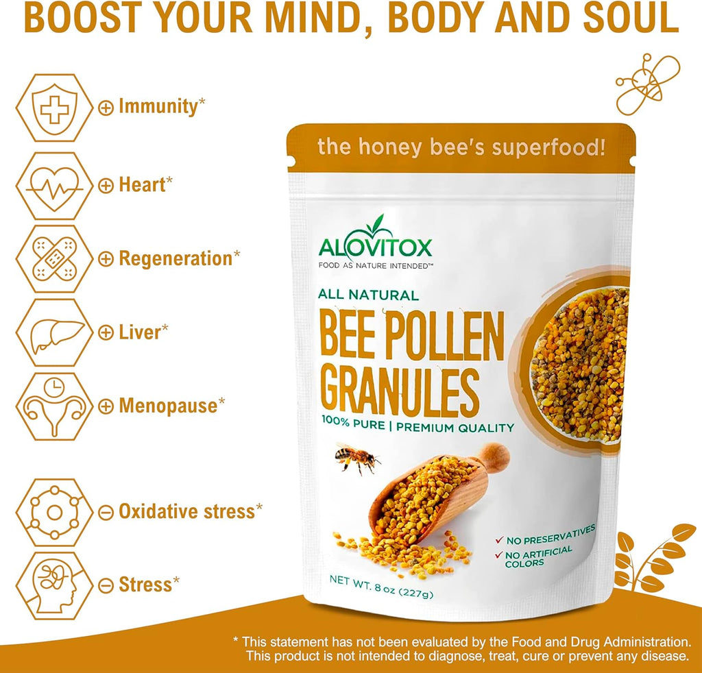 Alovitox Bee Pollen Granules 8 Oz | 100% Pure, Organic Bee Pollen for Bearded Dragons | Superfood Packed Bee Pollen Organic with Antioxidant, Protein, Vitamin & More | Nutritional Yeast & Gluten Free