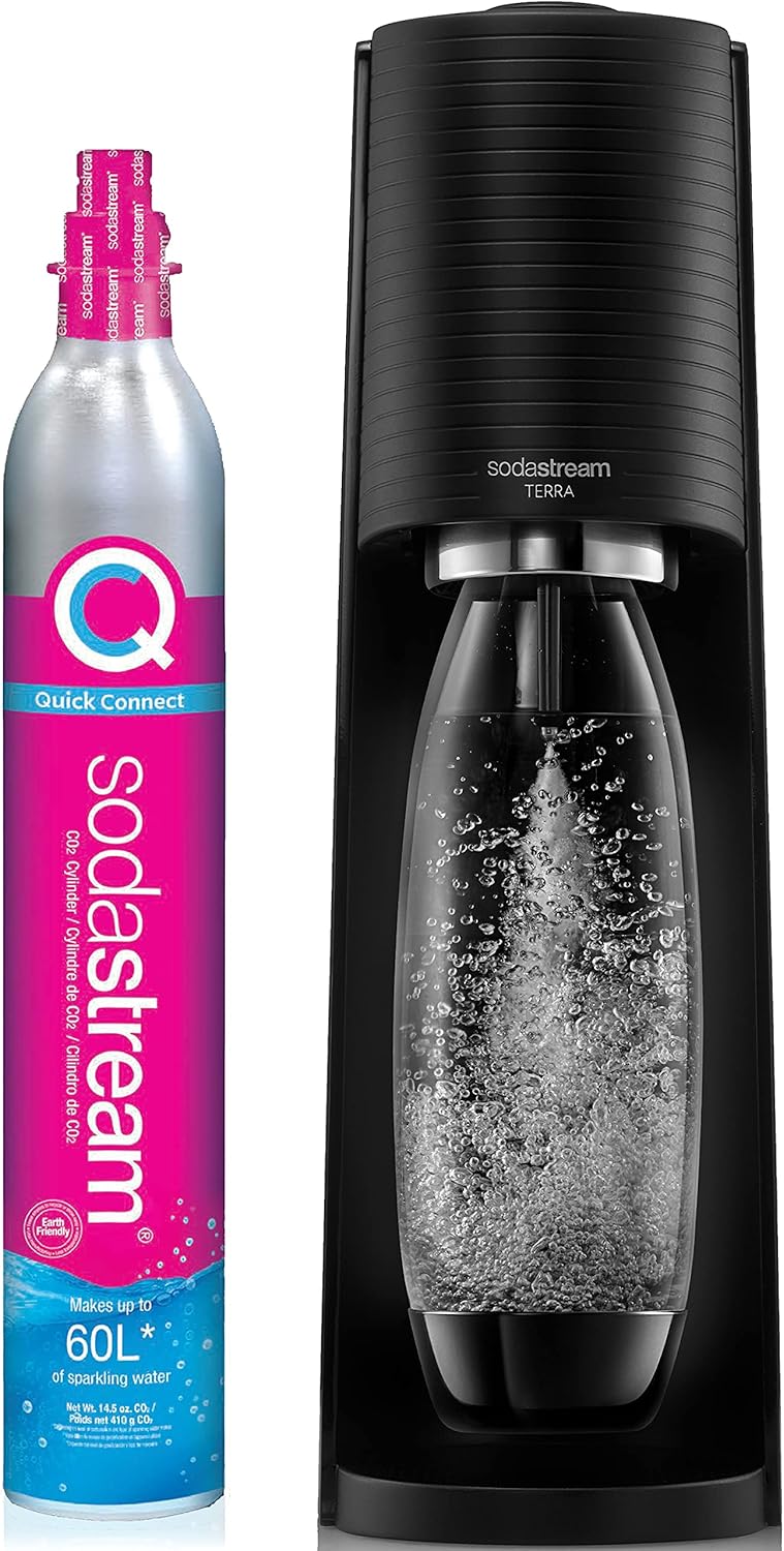 SodaStream - Terra Sparkling Water Maker | VALUE BUNDLE | CQC CO2 system | Includes 2x CO2 Cylinders, 3x 32 Fl Oz Dishwasher Safe Bottles, 2x Bubly Flavor Drops | Combine with Pepsi Flavors | Black