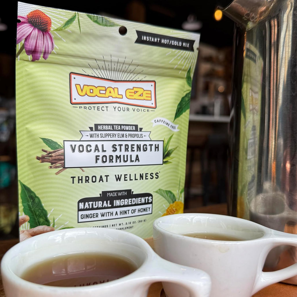 Vocal Eze Herbal Throat Coat Tea | 24 Servings | 9 Botanical Voice Soothing Ingredients | Ginger Flavor with Slippery Elm, and Propolis Powder Blend | Voice, Cough and Respiratory Support | 60 g