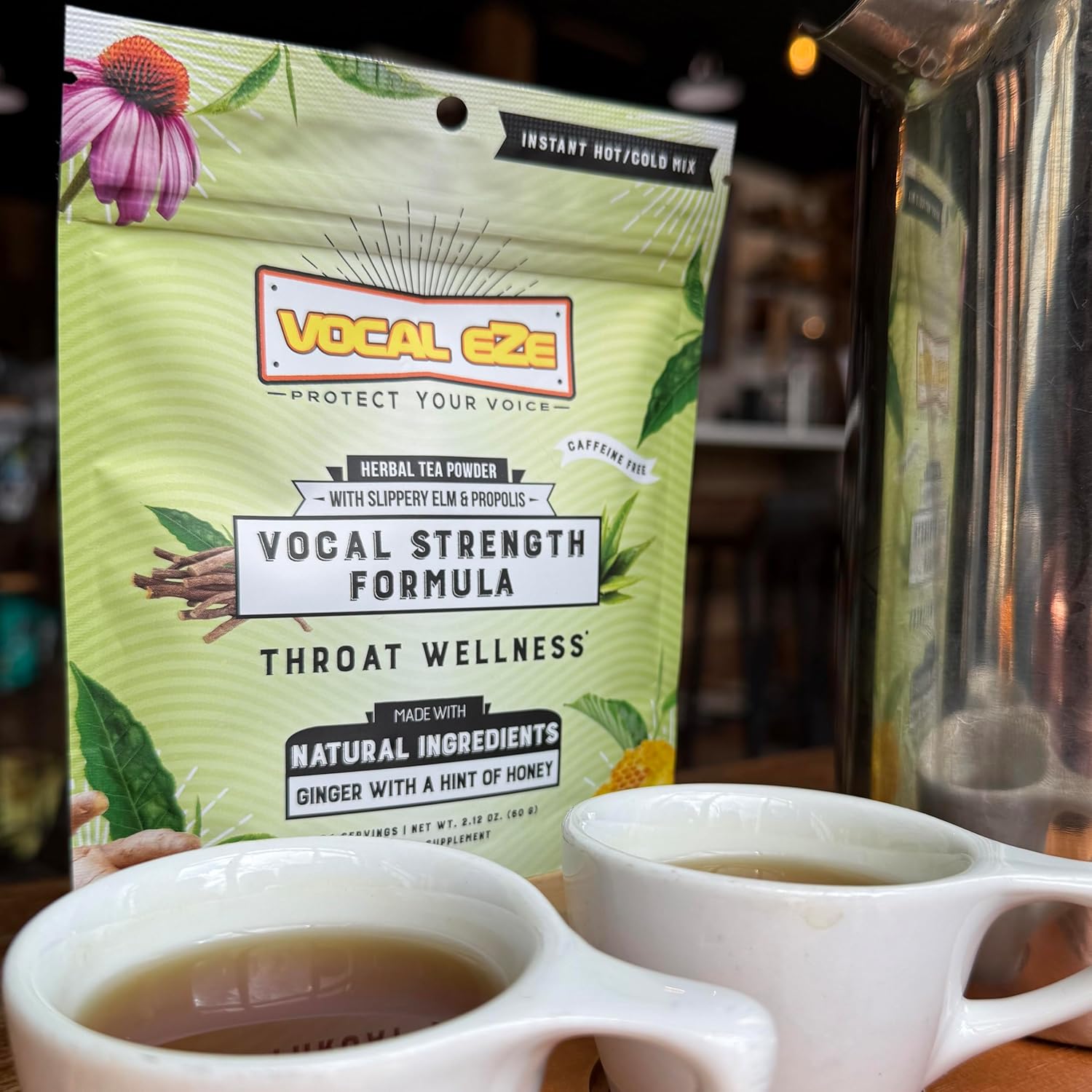 Vocal Eze Herbal Throat Coat Tea | 24 Servings | 9 Botanical Voice Soothing Ingredients | Ginger Flavor with Slippery Elm, and Propolis Powder Blend | Voice, Cough and Respiratory Support | 60 g