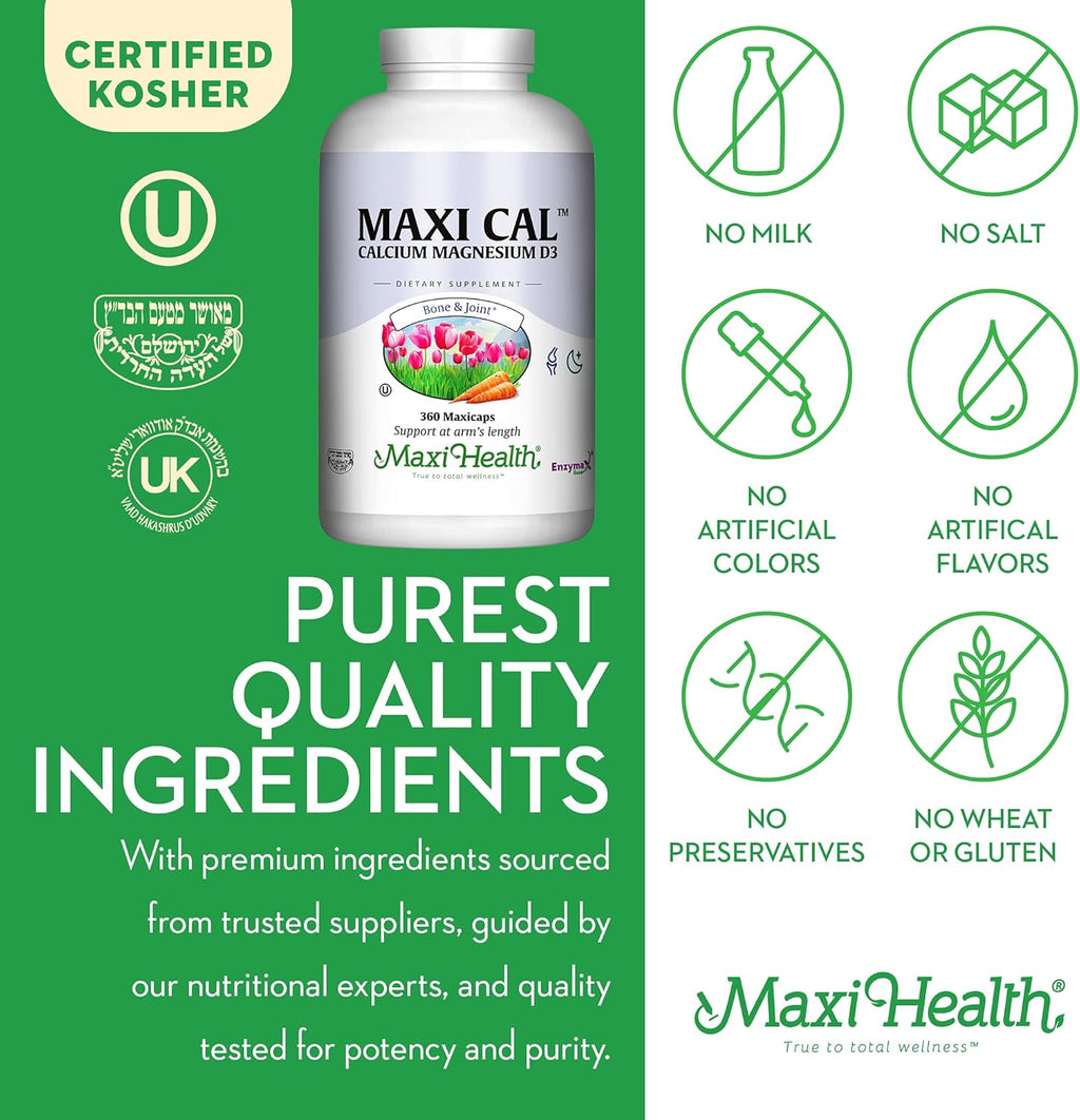 Maxi Health Calcium 1000 mg Supplement with Vitamin D3 (1000 IU) and Magnesium (500 mg) - Bone, Teeth and Joint Support for Men and Women - 360 Capsules - Maxi Cal