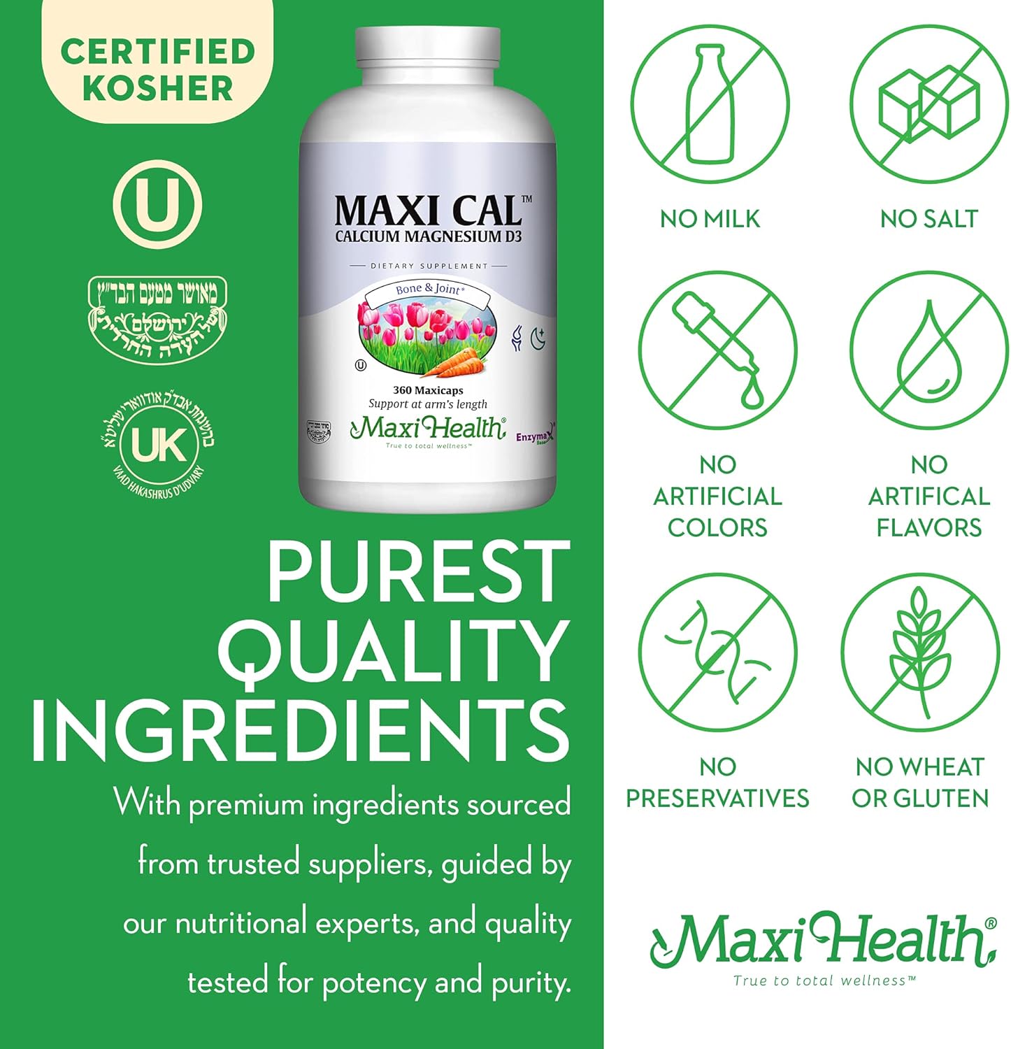 Maxi Health Calcium 1000 mg Supplement with Vitamin D3 (1000 IU) and Magnesium (500 mg) - Bone, Teeth and Joint Support for Men and Women - 360 Capsules - Maxi Cal