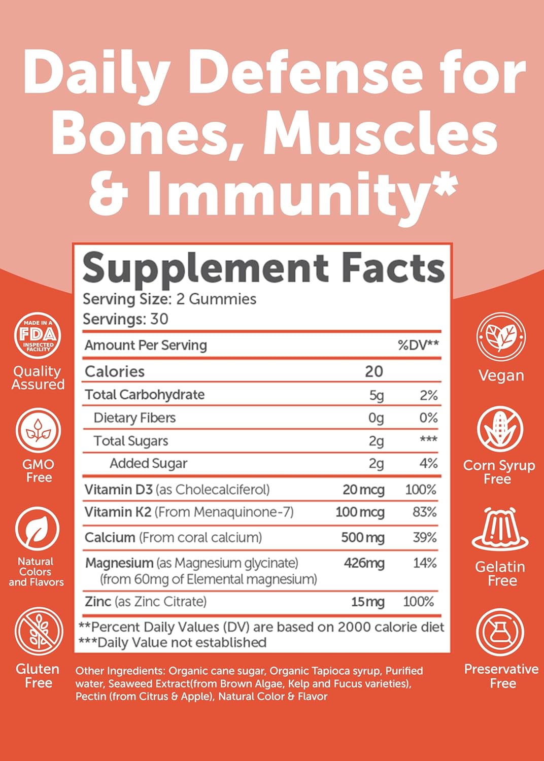 Lunakai USA Made Calcium Gummies with Magnesium, Zinc, Vitamin D3 & K2 for Women, Men & Kids – Delicious Calcium Magnesium Zinc D3 Supplement for Bone, Muscle & Immune Support, 60ct
