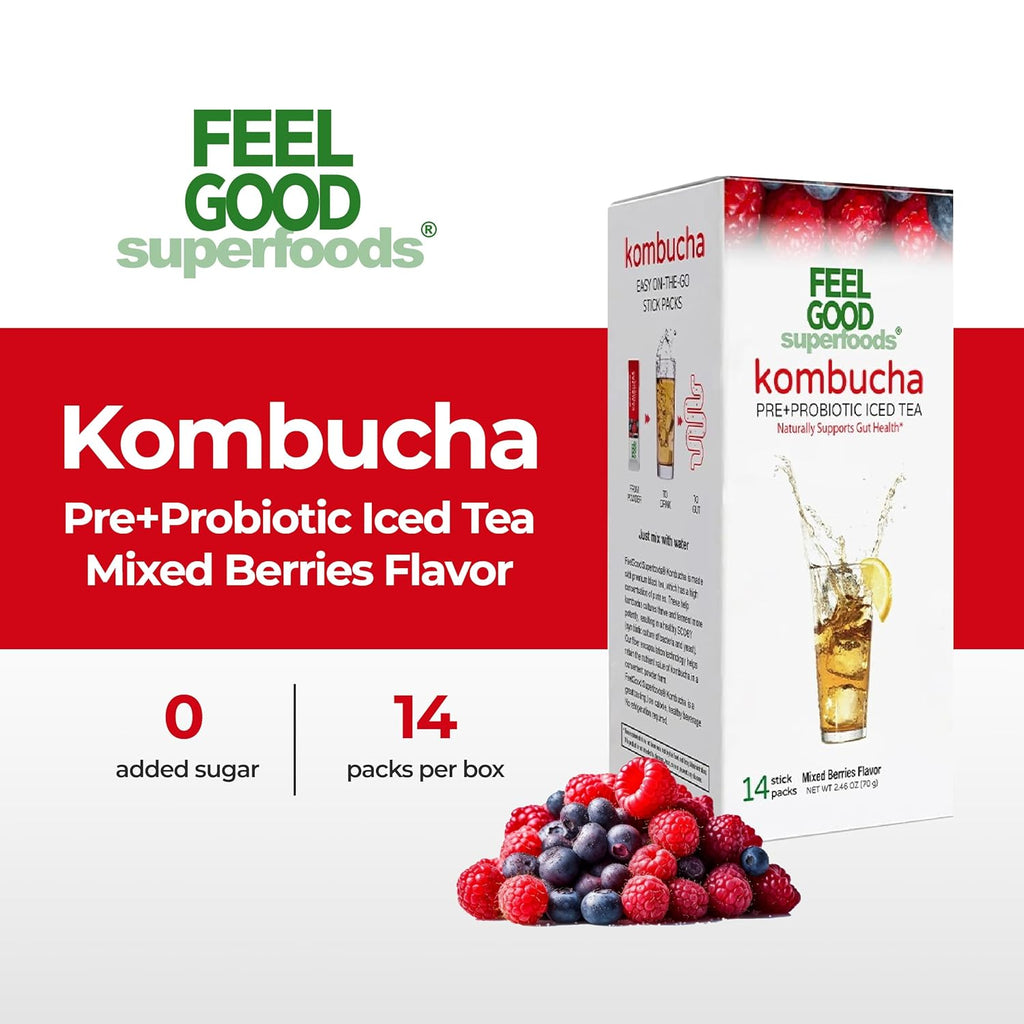 FeelGood Superfoods Kombucha Iced Tea Packets, Delicious Mixed Berries Flavored Refreshing Instant Kombucha Powder Fizzy Drink, Probiotic Supplement for Gut Health, 14 Pack