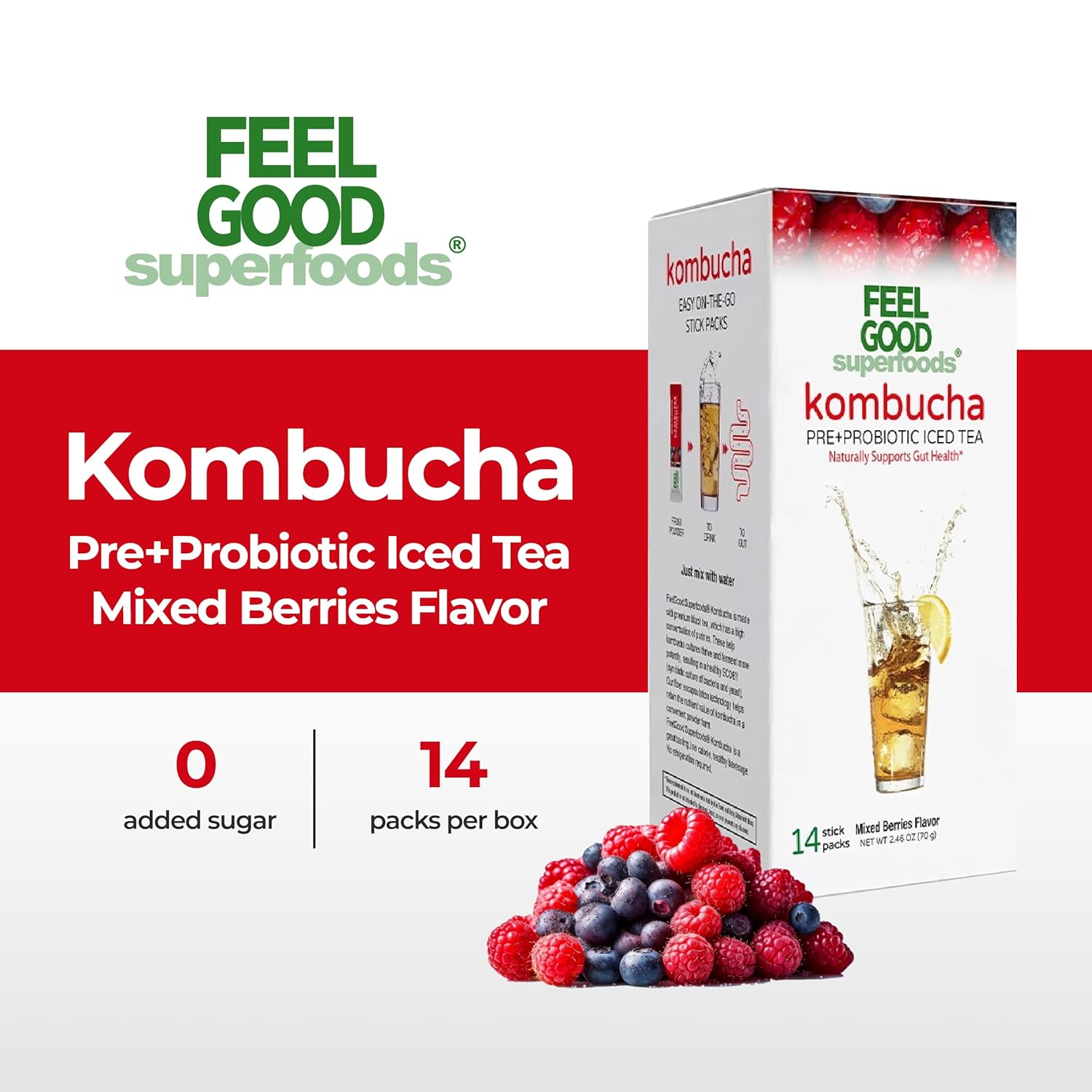 FeelGood Superfoods Kombucha Iced Tea Packets, Delicious Mixed Berries Flavored Refreshing Instant Kombucha Powder Fizzy Drink, Probiotic Supplement for Gut Health, 14 Pack