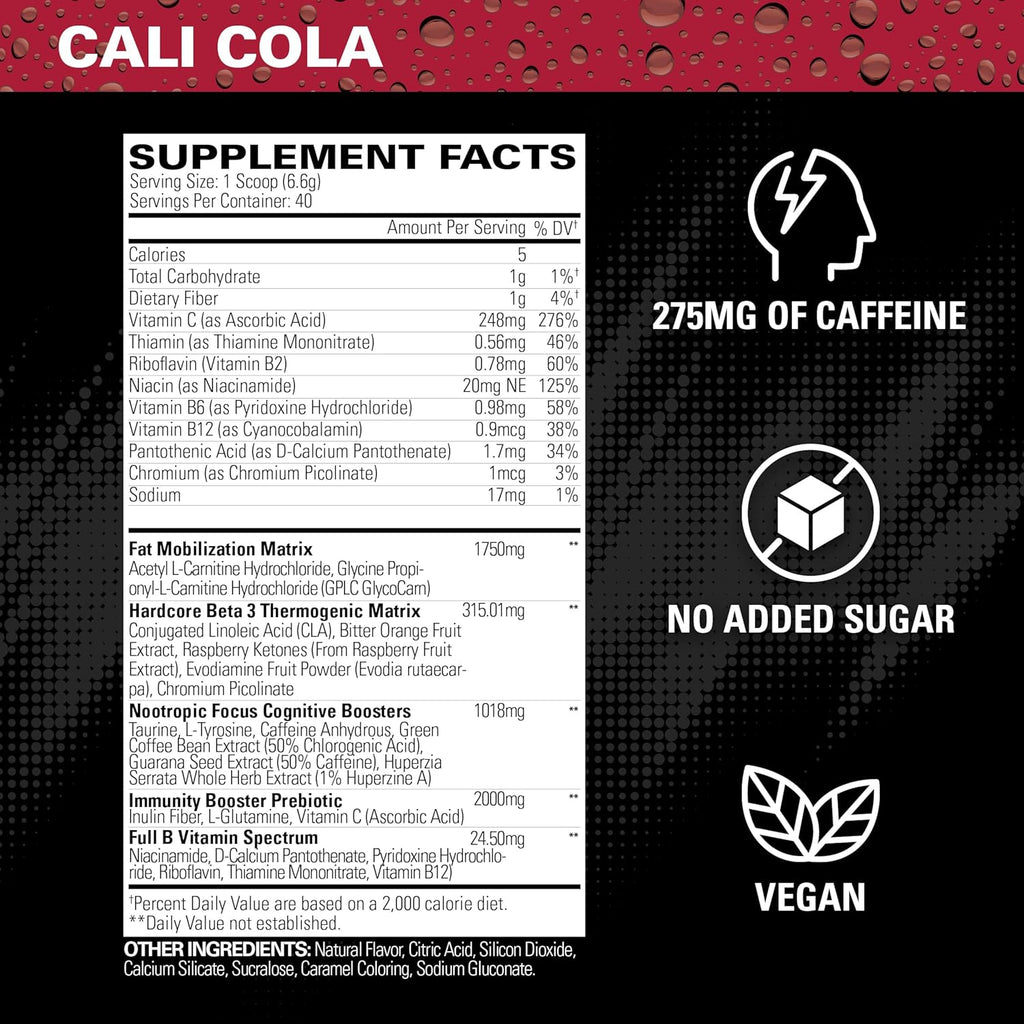 EHP Labs OxyShred Hardcore Super Dosed Pre Workout Powder - Preworkout Powder with L Glutamine & Acetyl L Carnitine, Energy Boost Drink - 275mg of Caffeine - Cali Cola, 40 Servings