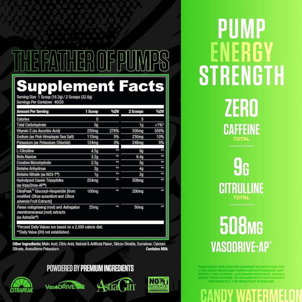 RYSE Pump Daddy V2 Pre Workout Powder - Noel Deyzel Signature - Candy Watermelon - Non-Stim Supplement with Citrulline, Creatine and Beta Alanine for Pumps, Endurance and Strength - 40 Servings