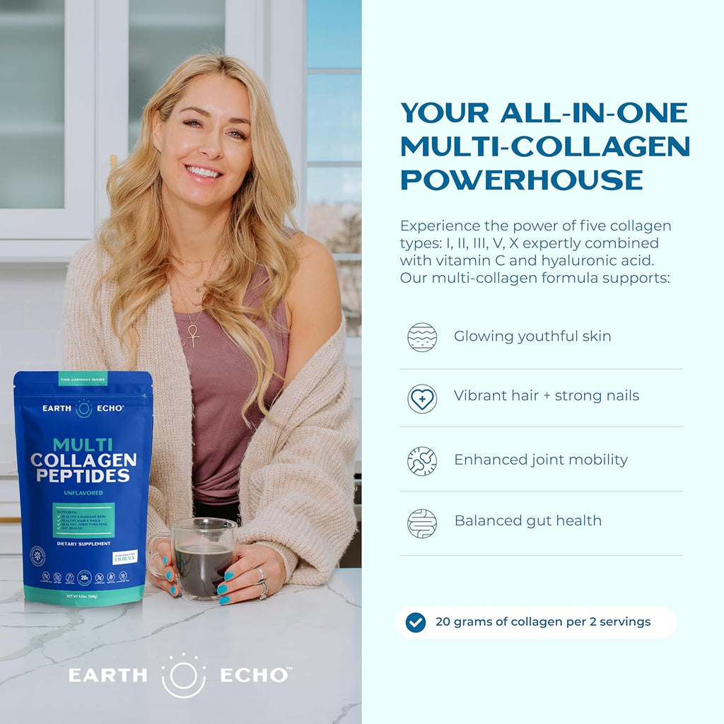 Earth Echo Multi Collagen Peptides, Hydrolyzed Collagen with Vitamin C and Hyaluronic Acid, Supports Radiant Skin, Healthy Joints, Gut Health and Immune Function, Dairy-Free, 26 Servings