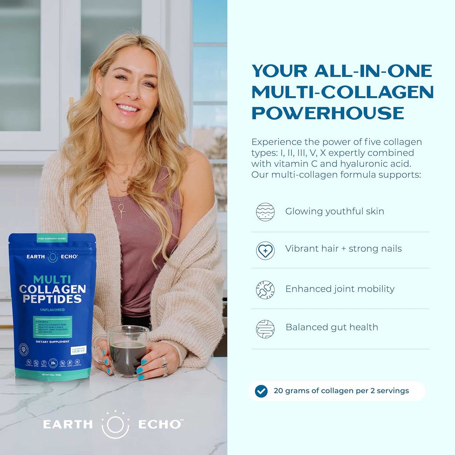Earth Echo Multi Collagen Peptides, Hydrolyzed Collagen with Vitamin C and Hyaluronic Acid, Supports Radiant Skin, Healthy Joints, Gut Health and Immune Function, Dairy-Free, 26 Servings