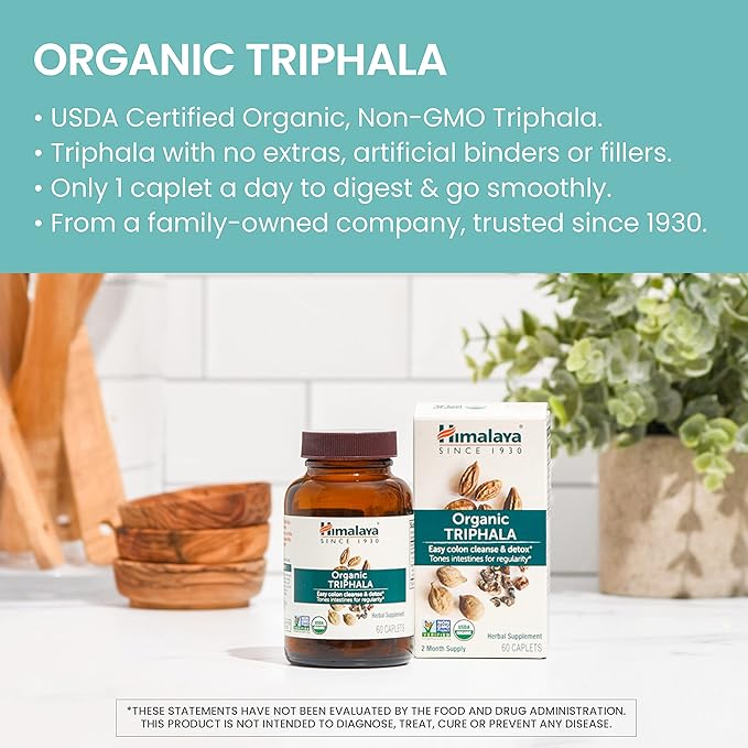 Himalaya Organic Triphala, 90 Day Supply - Digestive Health Supplement for Colon Cleanse & Occasional Bloating and Constipation Relief - USDA Organic, Vegan, Non-GMO, Gluten Free, 688 mg, 90 Caplets