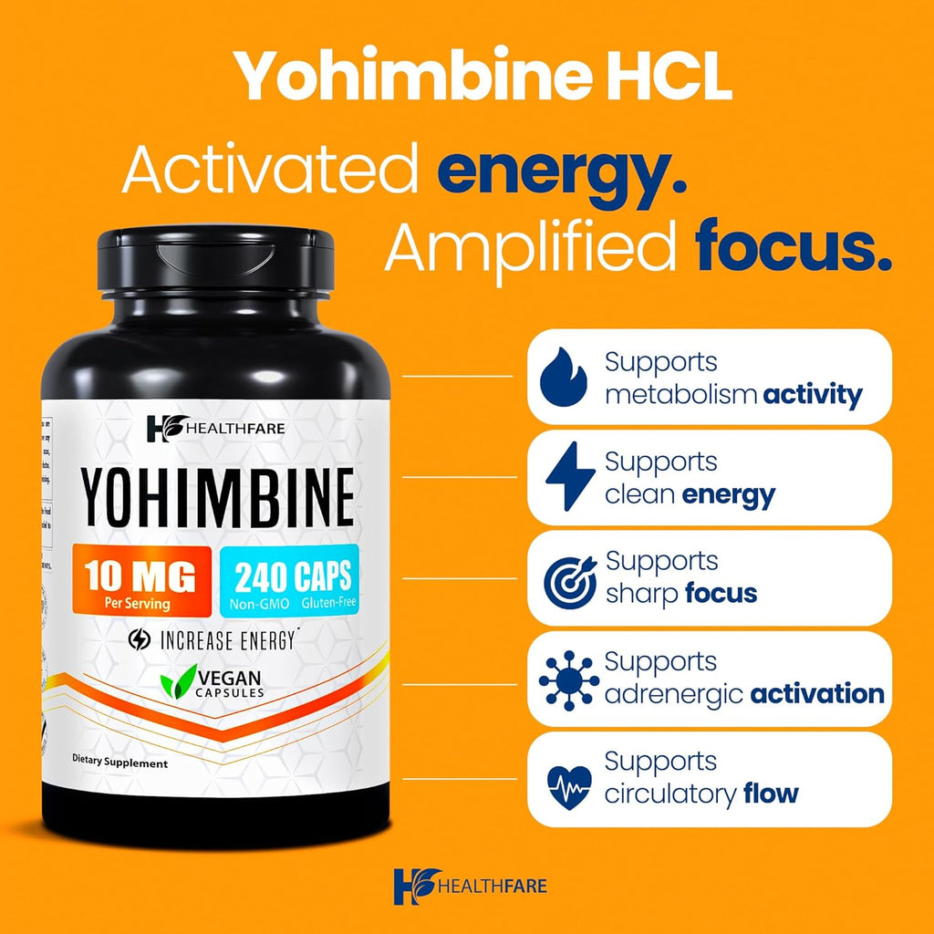 Yohimbine HCL 10mg | 240 Vegan Capsules | Maximum Strength Formula | Non-GMO & Gluten-Free | Made in USA