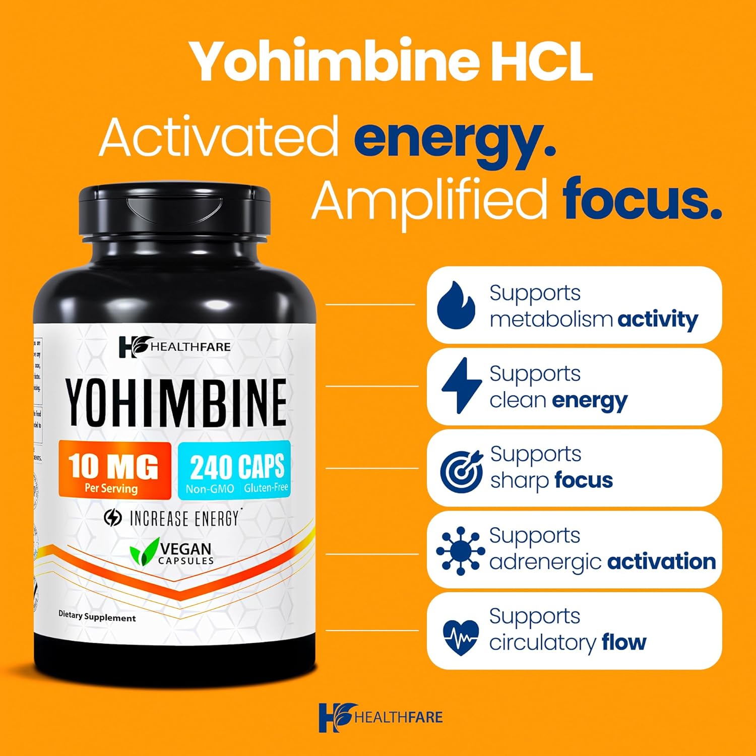 Yohimbine HCL 10mg | 240 Vegan Capsules | Maximum Strength Formula | Non-GMO & Gluten-Free | Made in USA