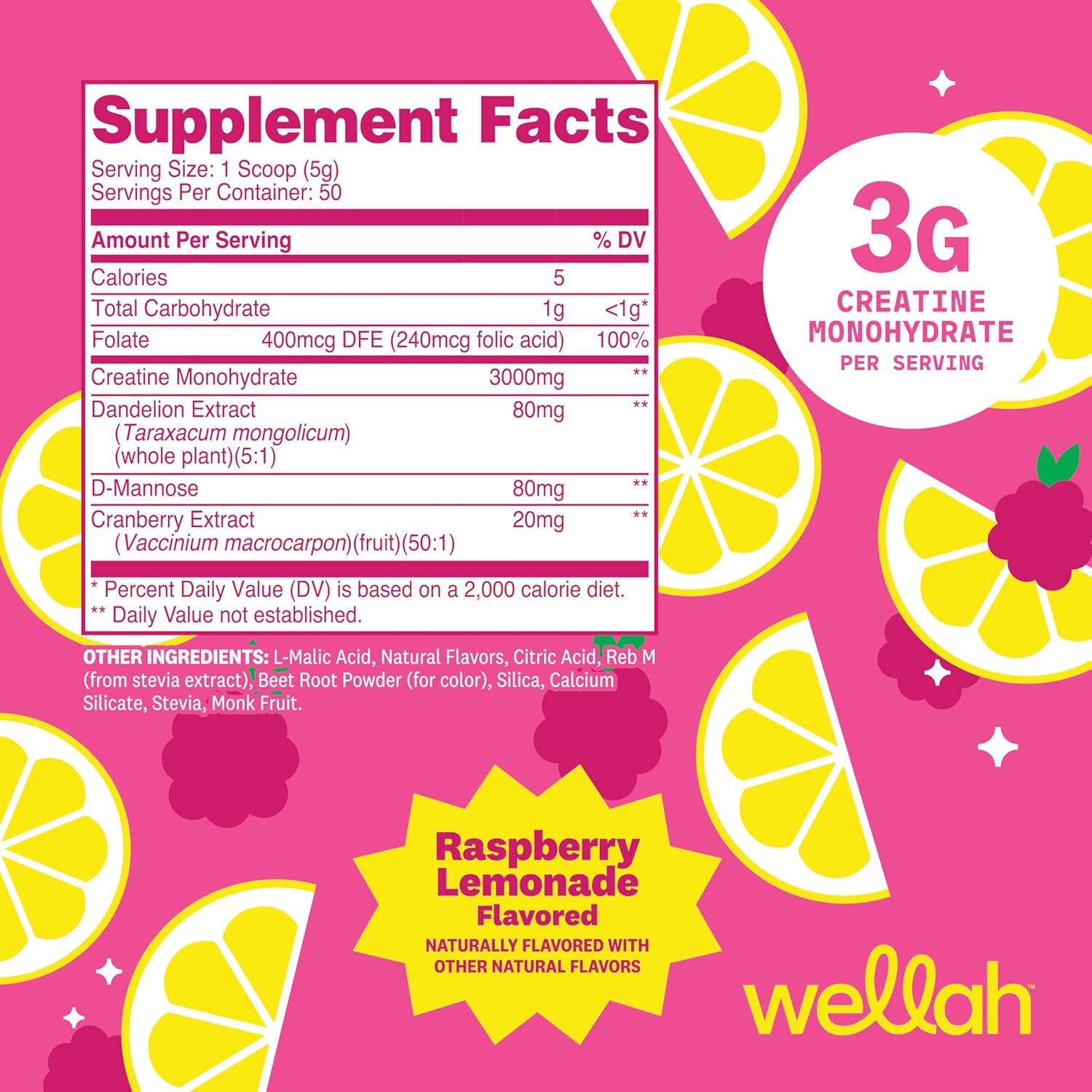Wellah Creatine for Women (50 Servings) Raspberry Lemonade - 3g of Creatine Monohydrate Powder with Dandelion & Cranberry Extract