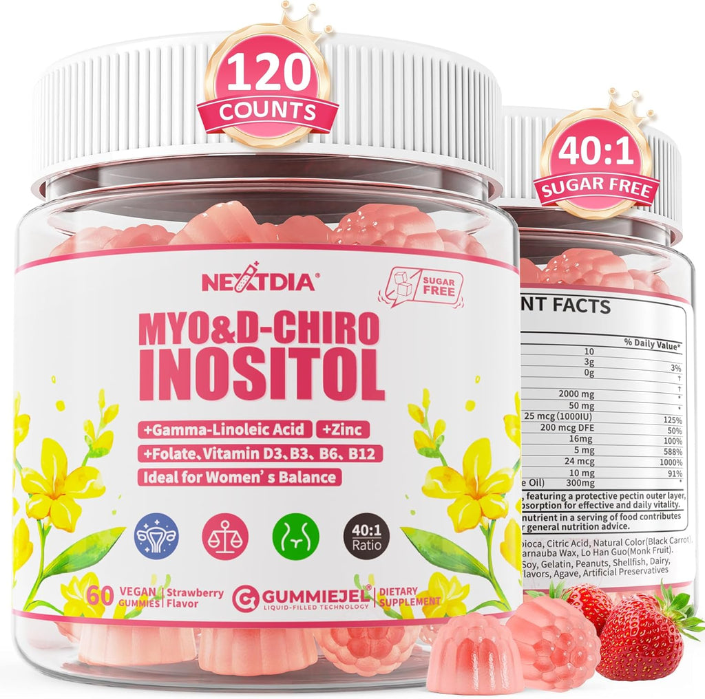 Inositol Gummies Supplement with Evening Primrose Oil for Women - 40:1 Ratio Myo-Inositol 2000mg & D-Chiro Inositol 50mg with VIT D3 B12 & Zinc, Sugar-Free for Natural Balance, Vegan (120ct)