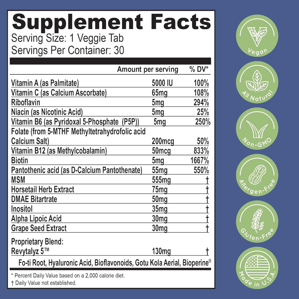 Biotin (Biotina Vitaminas) - Hair Skin Nails Vitamins for Women & Men - 5000 mcg - Hair Growth Support Supplements - 30 Tablets - with Revytalyz 5, Vitamin A, C, B12 - Made in USA