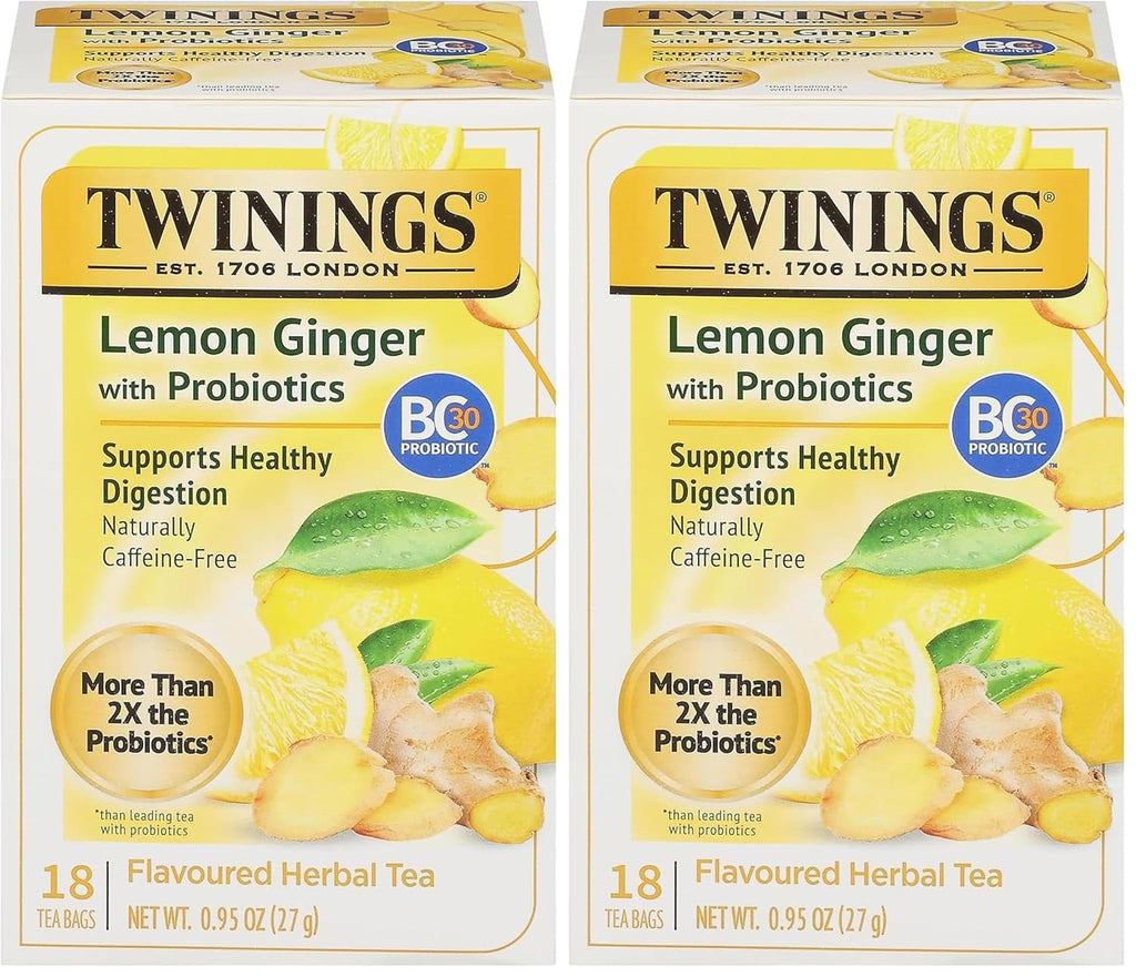Twinings Superblends Probiotics+ Lemon & Ginger Flavoured Herbal Tea with Turmeric, Caffeine-Free, 18 Count (Pack of 2), Enjoy Hot or Iced, 18 Teabags