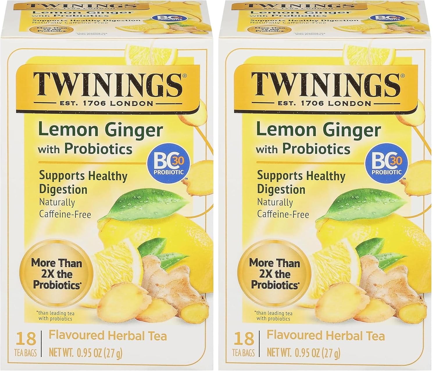 Twinings Superblends Probiotics+ Lemon & Ginger Flavoured Herbal Tea with Turmeric, Caffeine-Free, 18 Count (Pack of 2), Enjoy Hot or Iced, 18 Teabags