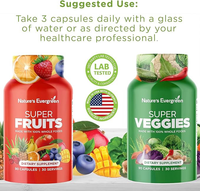 Fruits and Veggies Supplement - Nature Fruits and Vegetables Supplements - Vegan, Non GMO, Soy Free, Superfood Vitamins & Minerals Nutritional Balance - (Total 180 Capsules - Pack of 2) Made in USA
