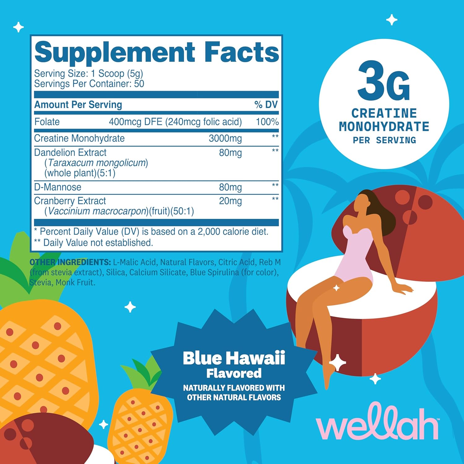 Wellah Creatine for Women (50 Servings) Blue Hawaii - 3g of Creatine Monohydrate Powder with Dandelion & Cranberry Extract