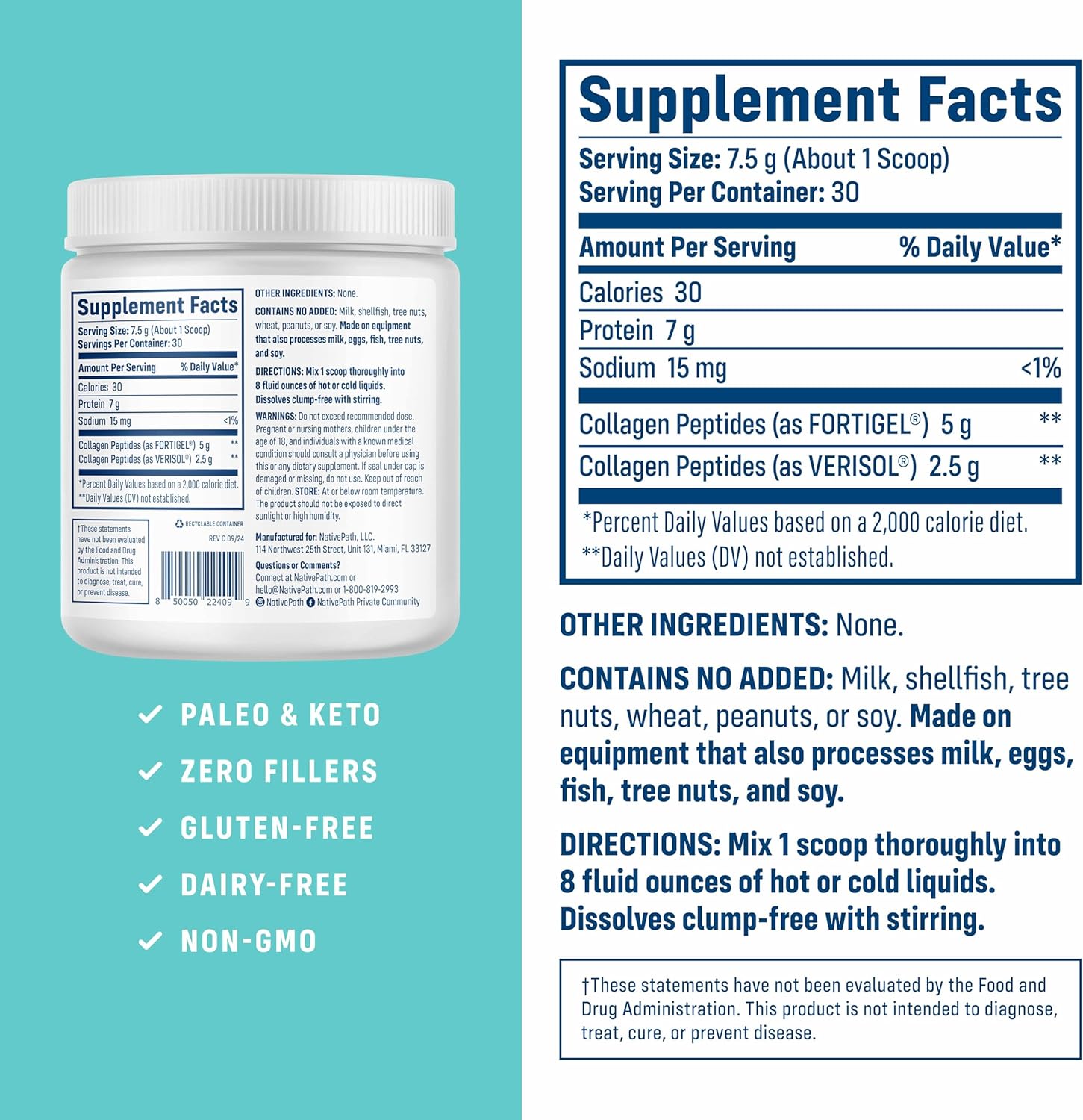 NativePath Joint Health Advanced Formula, Type 1 & 3 Peptides with Fortigel & Verisol, Grass-Fed Unflavored Collagen for Women & Men, 30 Servings