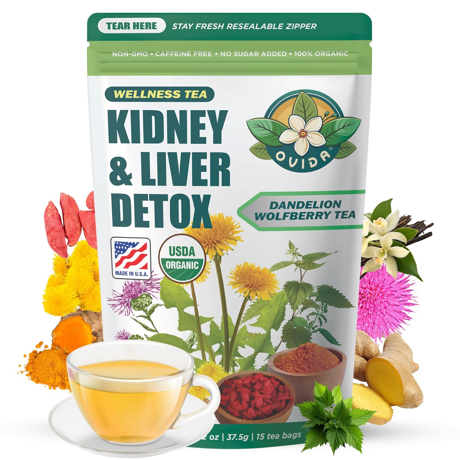 Ovida Dandelion Wolfberry Tea – Natural Kidneys & Liver Health Tea, Organic Herbal Tea with Milk Thistle, Turmeric & Goji Berry, Seven Herbal Ingredients Natural Blend for Daily Wellness, 15 Tea Bags