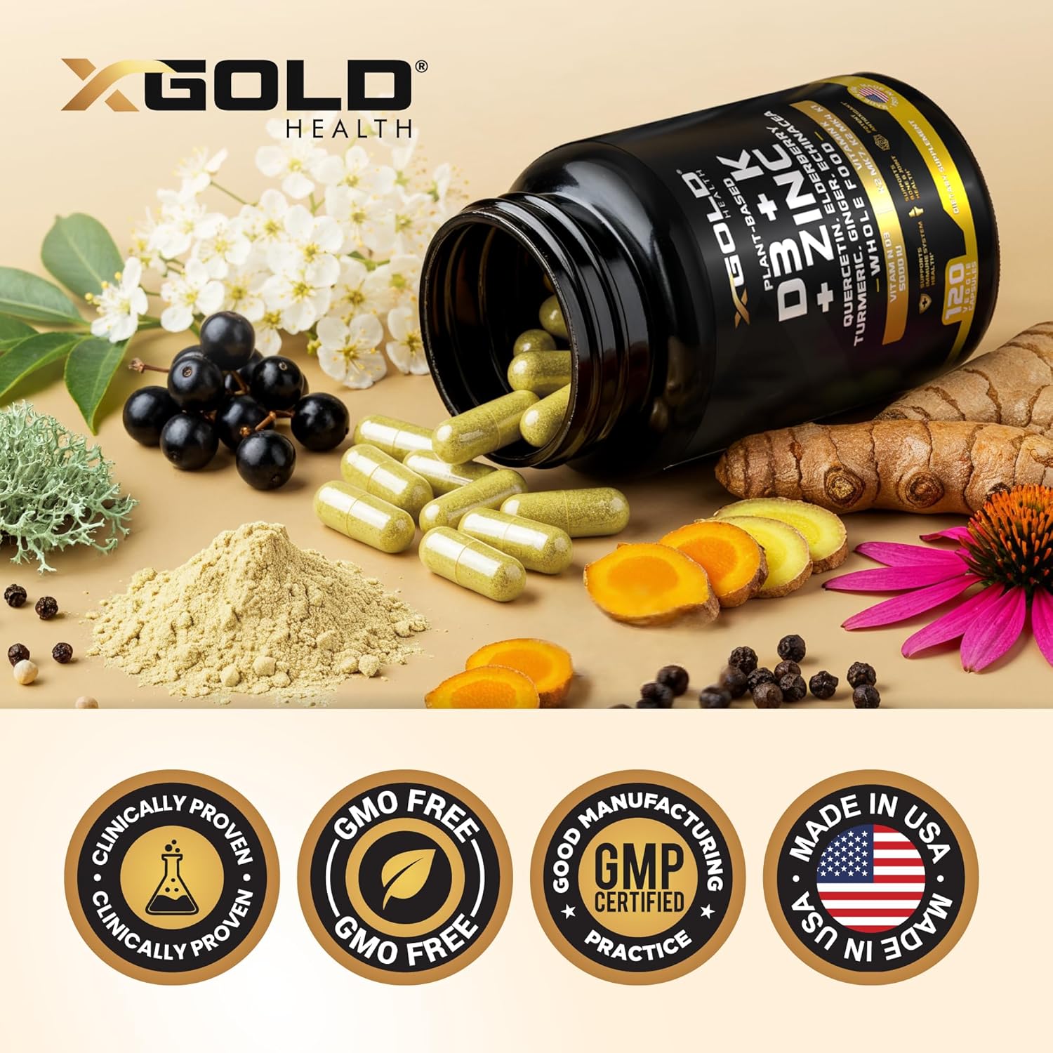 Vitamin D, K2, K1, Zinc, Quercetin, Elderberry, Turmeric, Ginger & Echinacea Whole Food Supplement 8 in 1- D3 5000 IU Plant-Based from Lichen, Vitamin K (K2 MK7, MK4, K1), D3 K2 Vitamins -120 Capsules