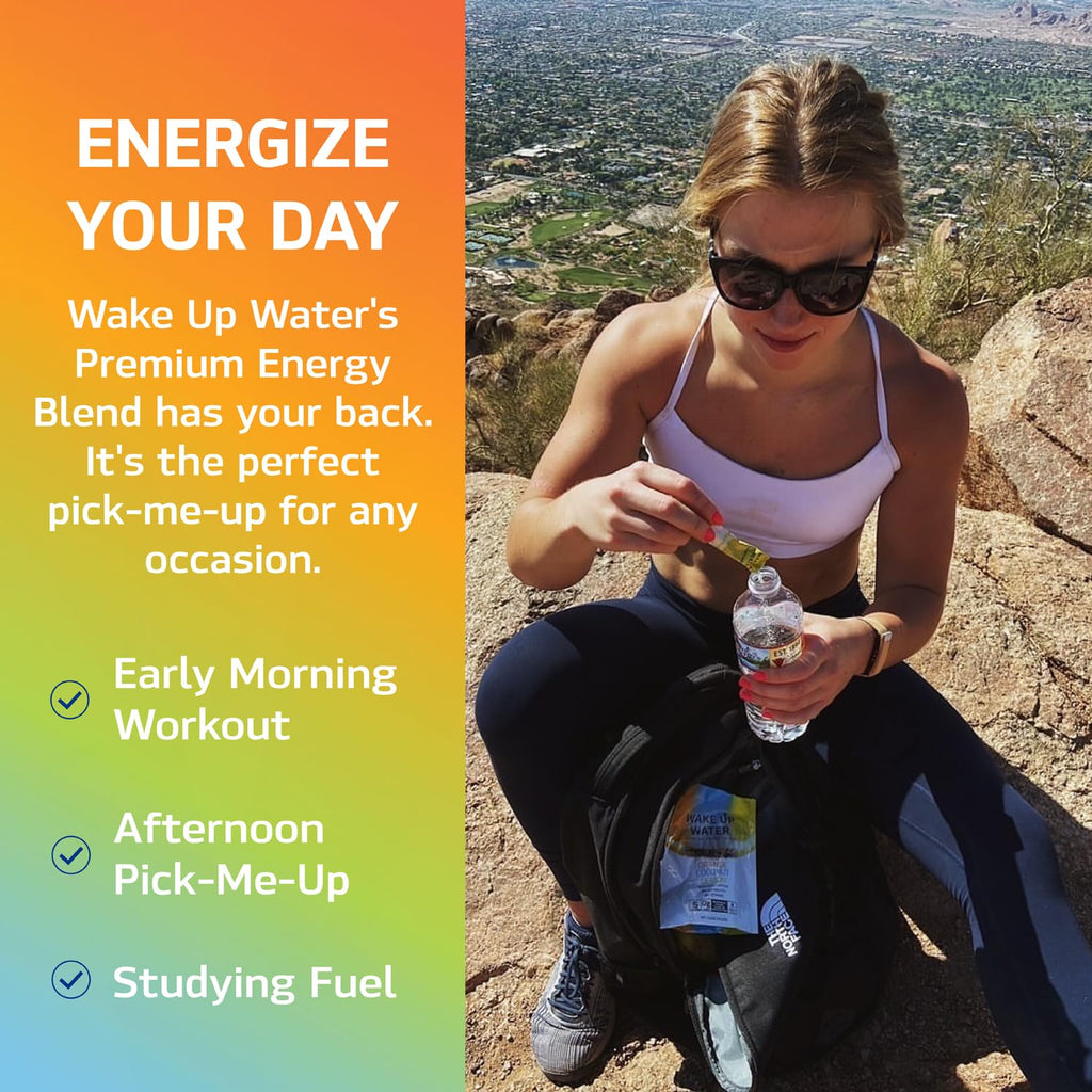Wake Up Water - Energy + Hydration Sugar Free 15 Packet, Lemon Flavor - Energy Drink Powder, Electrolytes Powder Drink, Natural Caffeine Mix Packet, B Vitamins, 5 Calories, Gluten Free - .10 oz (2.9g)