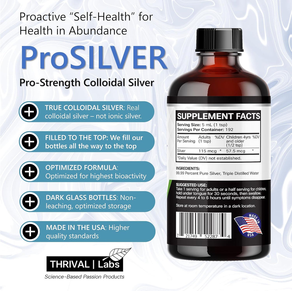 ProSILVER Black Label Pro-Strength Colloidal Silver for Immune Support, 30 PPM Maximum Strength for Professional Use, Dark Glass Bottle - Thrival Labs (32oz)