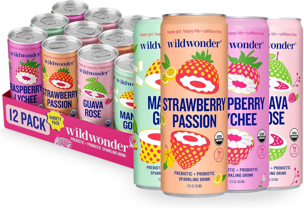 wildwonder Sparkling Probiotic Drink 12pk, For Gut Health & Immune Support, Classic Variety Pack, 5g Prebiotic Fiber, Live Probiotics, Organic, Vegan, Low Sugar, 12 Pack, 12oz Can, Seen on Shark Tank