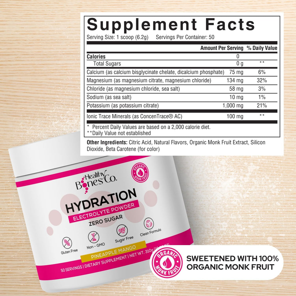 Sugar-Free Electrolyte Powder Drink Mix Fast Hydration Naturally Sweetened with Organic Monk Fruit, Pineapple Mango Flavor (310g) with Key Electrolytes and Trace Minerals –Keto Friendly, Vegan