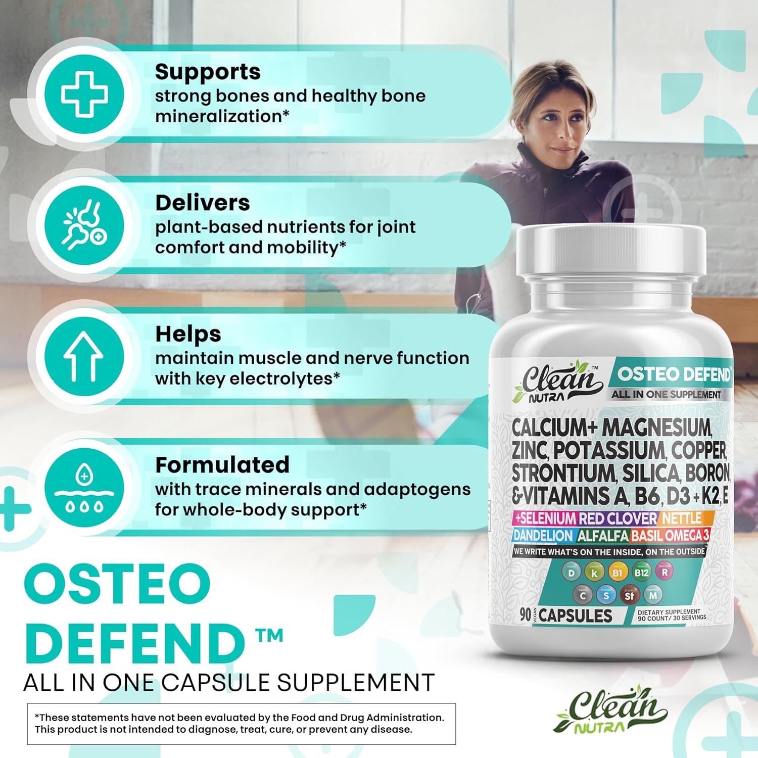 Clean Nutraceuticals Calcium Magnesium Zinc Supplement with Potassium, Copper, Strontium, Silica, Vitamin D3 K2, Boron, Vitamin B1 B12 Red Clover Herb Alfalfa Basil Pills for Men & Women Osteo Defend
