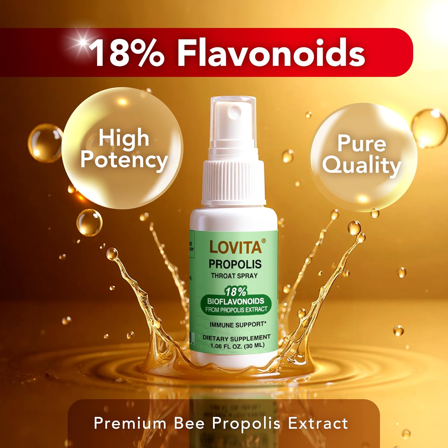 LOVITA Bee Propolis Throat Spray 250mg, Bee Propolis Extract with 18% Bioflavonoids, Alcohol-Free Antioxidant, Immune Support & Sore Throat Relief, Gluten-Free, Non-GMO, 1 Fl Oz, 30 Day Supply