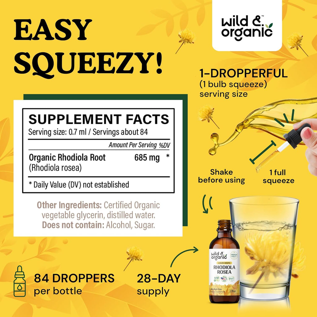 Wild & Organic Rhodiola Rosea Tincture - Mood Support - Relaxing Rhodiola Supplement - Root Extract Liquid Drops - Vegan, Sugar & Alcohol-Free - 2 fl oz