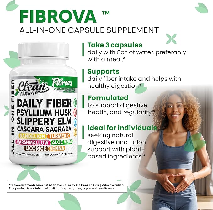 Fiber Supplement Capsules Slippery Elm Psyllium Husk Cascara Sagrada Dandelion Root Turmeric Supplement Aloe Vera Licorice Senna Marshmallow Root Digestive Health Cleanse 90 Pills by Clean Nutra